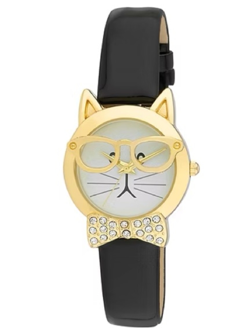 Vernier Gold Cat Face Watch with Black Strap with Crystal rhinestone accend.